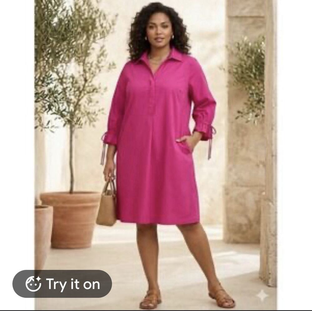 Chico's Pink Drawstring 3/4 Sleeve Collared Cotton Blend Midi Dress Pockets Sz 3